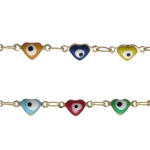 Copper Chain Multicolor Enamel Evil Eye Heart Gold Plated , approx 4mm [CH10745]