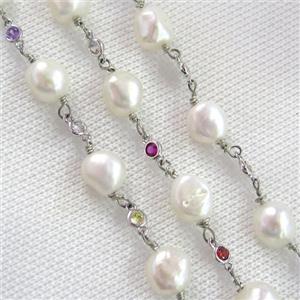 white Pearl chain with zircon, platinum plated, approx 9-10mm [CHCL381]