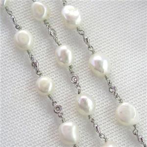 white Pearl chain with zircon, platinum plated, approx 9-10mm [CHCL383]