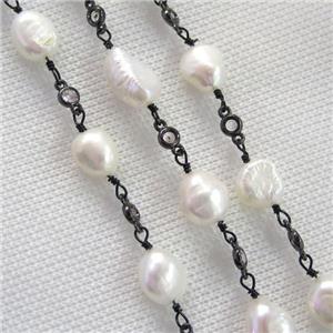 white Pearl chain with zircon, black plated, approx 9-10mm [CHCL384]