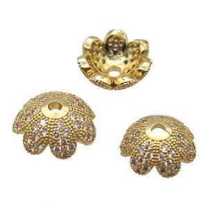 copper beadcaps pave zircon, Unfade, gold plated, approx 8.5mm dia [FD10633-8MM]