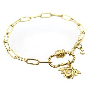 copper bracelet with carabiner lock, honeybee, gold plated, approx 4x11mm, 18cm length [FD10710]
