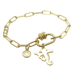 copper braceletwith carabiner lock, seahorse, gold plated, approx 4x11mm, 18cm length [FD10712]