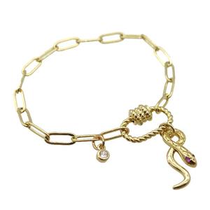 copper paperclip bracelet with carabiner lock, snake, gold plated, approx 4x11mm, 18cm length [FD10736]
