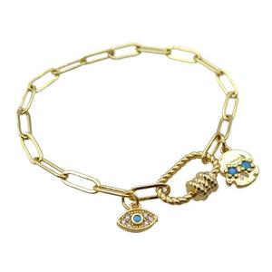 copper bracelet with carabiner lock, skull, gold plated, approx 4x11mm, 18cm length [FD10741]