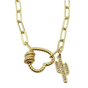 copper necklace with carabiner lock, cactus, gold plated, approx 4x11mm, 44cm length [FD10777]