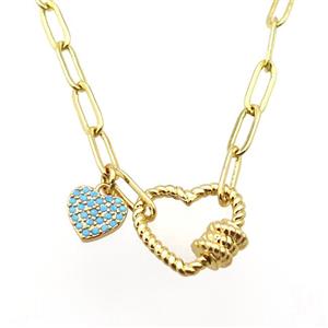 copper necklace with carabiner lock, heart, gold plated, approx 4x11mm, 44cm length [FD10787]