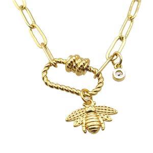 copper necklace with carabiner lock, honeybee, gold plated, approx 4x11mm, 44cm length [FD10803]