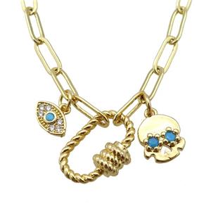 copper necklace with carabiner lock, skull, gold plated, approx 4x11mm, 44cm length [FD10834]