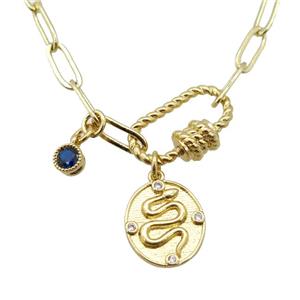 copper necklace with carabiner lock, skull, gold plated, approx 4x11mm, 44cm length [FD10843]