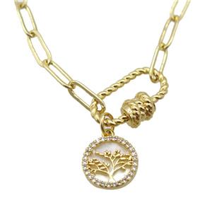 copper necklace with carabiner lock, tree of life, gold plated, approx 4x11mm, 44cm length [FD10856]
