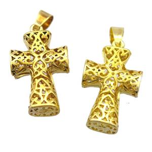 copper cross pendant, hollow, gold plated, unfade, approx 15-22mm [FD10877]
