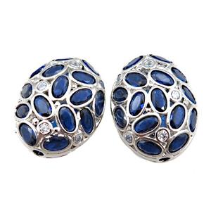 copper oval beads pave blue zircon, hollow, platinum plated, approx 17-22mm [FD10972]