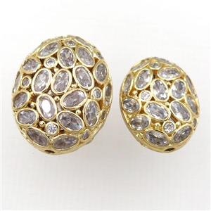 copper oval beads pave zircon, hollow, gold plated, approx 17-22mm [FD10974-S]