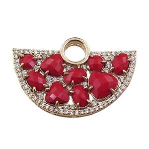 copper fan hollow pendant paved zircon with red crystal glass, gold plated, approx 20-35mm [FD10995]