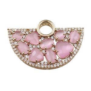 copper fan hollow pendant paved zircon with pink crystal glass, gold plated, approx 20-35mm [FD10996]