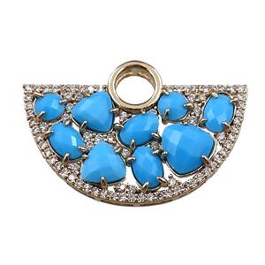 copper fan hollow pendant paved zircon with blue crystal glass, gold plated, approx 20-35mm [FD10999]