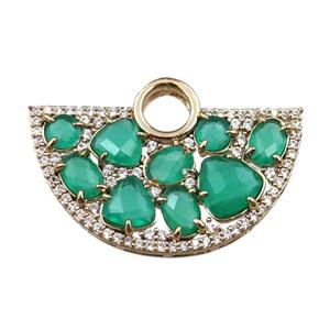 copper fan hollow pendant paved zircon with green crystal glass, gold plated, approx 20-35mm [FD11000]