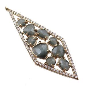copper polygon pendant paved zircon with gray crystal glass, hollow, gold plated, approx 19-54mm [FD11005]