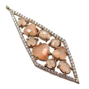 copper polygon pendant paved zircon with peach crystal glass, hollow, gold plated, approx 19-54mm [FD11006]