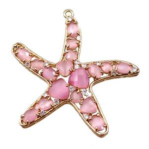 copper starfish pendant paved zircon with pink crystal glass, hollow, gold plated, approx 50mm [FD11013]