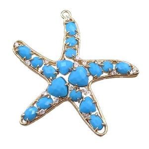 copper starfish pendant paved zircon with blue crystal glass, hollow, gold plated, approx 50mm [FD11014]