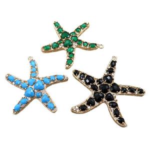 copper starfish pendant paved zircon with crystal glass, mixed, hollow, gold plated, approx 50mm [FD11016]