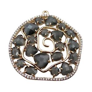 copper flower pendant paved zircon with gray crystal glass, hollow, gold plated, approx 40mm [FD11018]