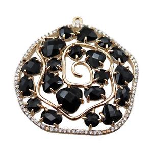 copper flower pendant paved zircon with black crystal glass, hollow, gold plated, approx 40mm [FD11019]