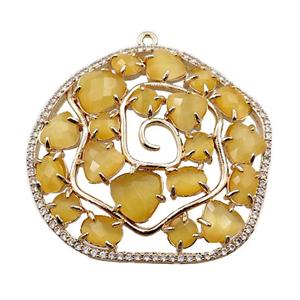 copper flower pendant paved zircon with yellow crystal glass, hollow, gold plated, approx 40mm [FD11020]