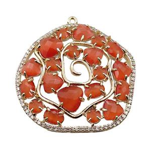 copper flower pendant paved zircon with orange crystal glass, hollow, gold plated, approx 40mm [FD11021]