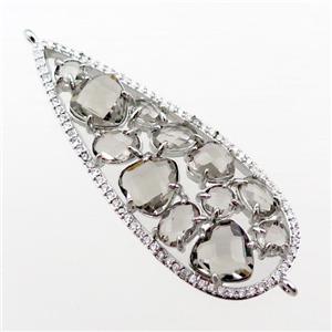 copper teardrop connector paved zircon with smoky crystal glass, hollow, platinum plated, approx 19-50mm [FD11025]