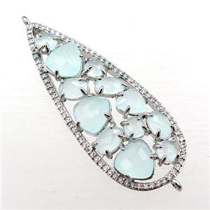 copper teardrop connector paved zircon with green crystal glass, hollow, platinum plated, approx 19-50mm [FD11026]