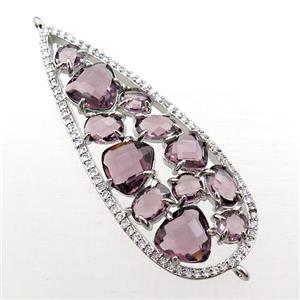 copper teardrop connector paved zircon with purple crystal glass, hollow, platinum plated, approx 19-50mm [FD11027]