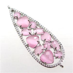 copper teardrop connector paved zircon with pink crystal glass, hollow, platinum plated, approx 19-50mm [FD11028]