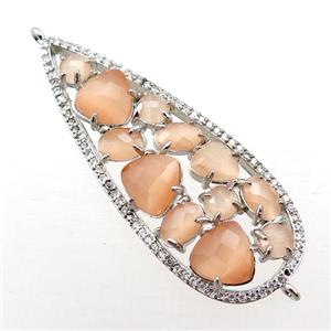 copper teardrop connector paved zircon with peach crystal glass, hollow, platinum plated, approx 19-50mm [FD11029]