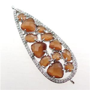 copper teardrop connector paved zircon with brown crystal glass, hollow, platinum plated, approx 19-50mm [FD11030]