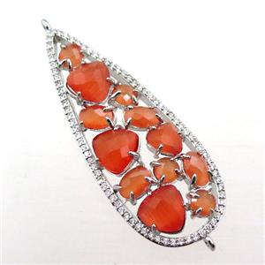 copper teardrop connector paved zircon with orange crystal glass, hollow, platinum plated, approx 19-50mm [FD11031]