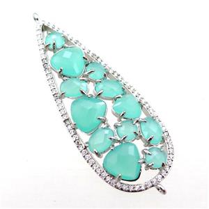 copper teardrop connector paved zircon with green crystal glass, hollow, platinum plated, approx 19-50mm [FD11032]