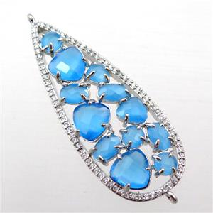 copper teardrop connector paved zircon with blue crystal glass, hollow, platinum plated, approx 19-50mm [FD11033]