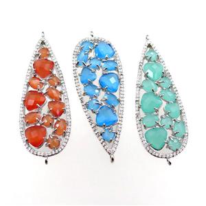 copper teardrop connector paved zircon with crystal glass, hollow, mixed, platinum plated, approx 19-50mm [FD11034]