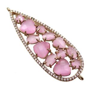 copper teardrop connector paved zircon with pink crystal glass, hollow, gold plated, approx 19-50mm [FD11036]