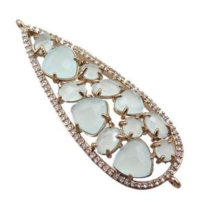 copper teardrop connector paved zircon with green crystal glass, hollow, gold plated, approx 19-50mm [FD11037]