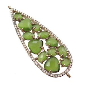 copper teardrop connector paved zircon with green crystal glass, hollow, gold plated, approx 19-50mm [FD11038]
