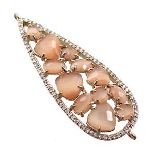 copper teardrop connector paved zircon with peach crystal glass, hollow, gold plated, approx 19-50mm [FD11039]