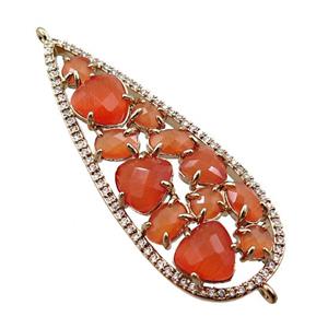 copper teardrop connector paved zircon with orange crystal glass, hollow, gold plated, approx 19-50mm [FD11041]