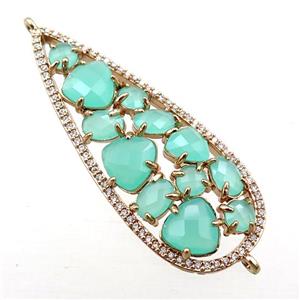 copper teardrop connector paved zircon with green crystal glass, hollow, gold plated, approx 19-50mm [FD11045]