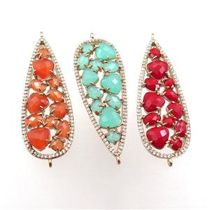 copper teardrop connector paved zircon with crystal glass, mix, hollow, gold plated, approx 19-50mm [FD11046]