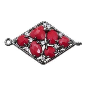 copper polygon connector paved zircon with red crystal glass, hollow, black plated, approx 19-25mm [FD11061]