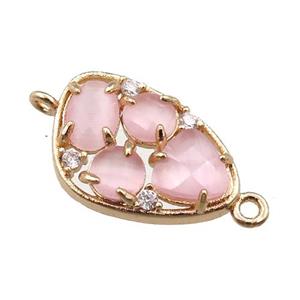 copper teardrop connector paved zircon with pink crystal glass, hollow, gold plated, approx 12-18mm [FD11067]